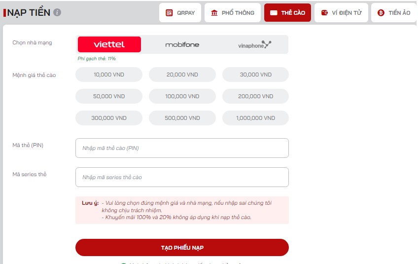 nạp tiền red88 bằng thẻ cào