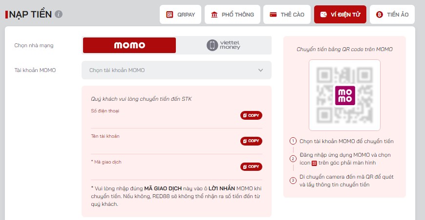 nạp tiền red88 bằng ví điện tử