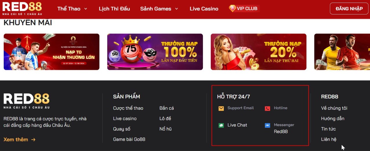 các kênh liên hệ dịch vụ chăm sóc khách hàng red88